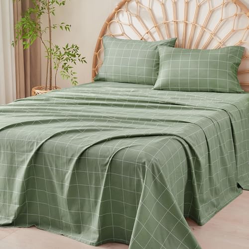 JELLYMONI 100% Cotton Sheet Set, Green Plaid, Full