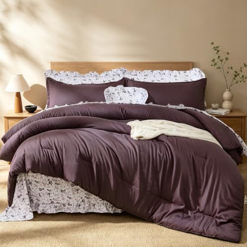 WONGS BEDDING 8PC King Comforter Set, Ruffle Comforter with Floral Sheets