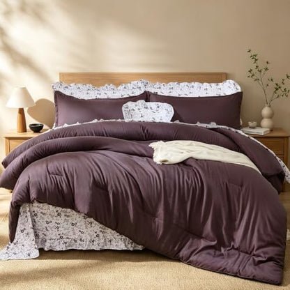 WONGS BEDDING 8PC Queen Comforter Set, Ruffle Comforter with Floral Sheets
