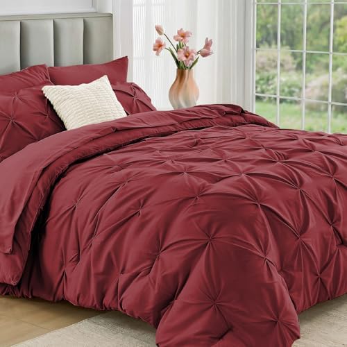 JOLLYVOGUE Full Size Comforter Sets 7 Pieces - Bed in a Bag Full for All Season, Pintuck Bedding Comforter Sets with Comforter, Flat Sheet, Fitted Sheet and Pillowcases & Shams, Burgundy