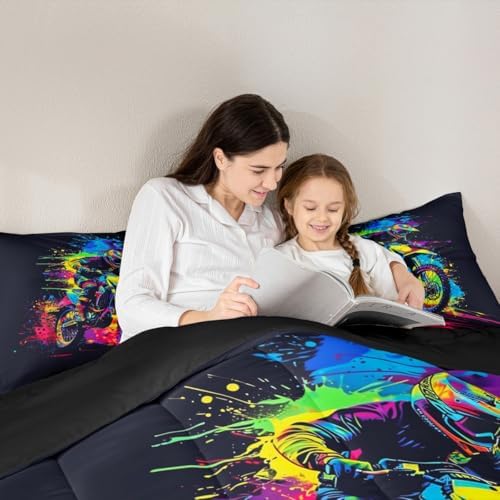 Feelyou Motocross Comforter Set King Dirt Bike Bedding Set for Kids Boys Girls Colorful Splatter Art Duvet Quilt Motorcycle Bedroom Decor Extreme Sports Microfiber 3 Pcs with 2 Pillow Cases
