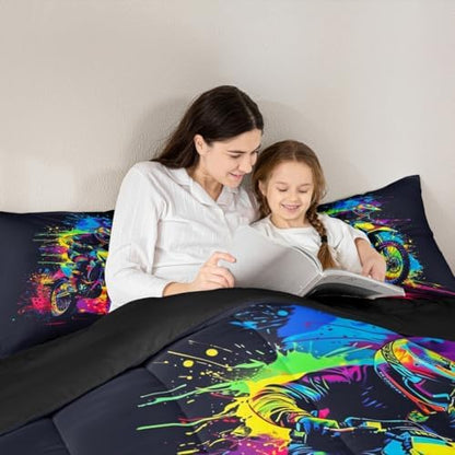 Feelyou Motocross Comforter Set King Dirt Bike Bedding Set for Kids Boys Girls Colorful Splatter Art Duvet Quilt Motorcycle Bedroom Decor Extreme Sports Microfiber 3 Pcs with 2 Pillow Cases
