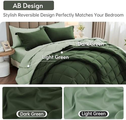 MUXHOMO 7 Pieces California King Comforter Set, Reversible Bed in a Bag Cal King Size, All Season Bedding Set with Comforter, Flat Sheet, Fitted Sheet, Pillowcases & Shams, Dark Green & Light Green