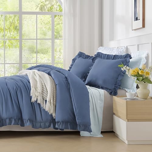 Andency Ocean Blue King Size Comforter Set, 3 Pcs Solid Farmhouse Bedding
