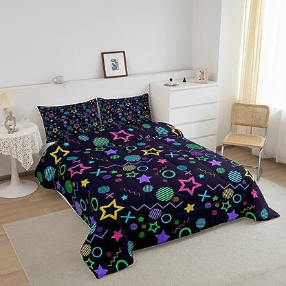 Manfei Memphis Comforter Set Full Size, Colorful Geometric Vintage Style Quilt Set with 2 Pillowcases, 80s 90s Fashion Style Bedding Set 3pcs for Kids Boys Girls Lightweight Duvet Insert