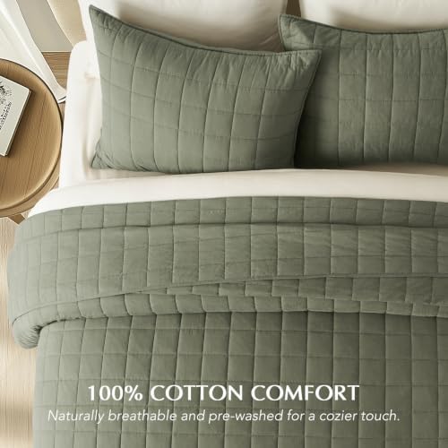 EVERGRACEHOME 100% Cotton Box Stitch Quilt Set, Oversized King, Olive Green