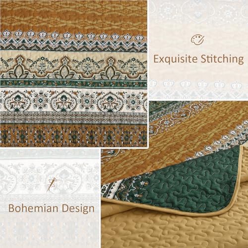 WONGS BEDDING Boho Quilt King Size,3 Pcs Bedspread Set, Brown Green