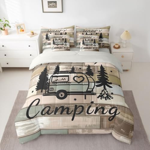 Erosebridal Camping 7 Pieces Bedding Set Full Size,Wooden Plank Travel RV Bed in a Bag,Camping Lovers Bed Set Includes Comforter,Sheet Set,Pillowcases & Pillow Covers,Vintage Retro Bedroom Decor