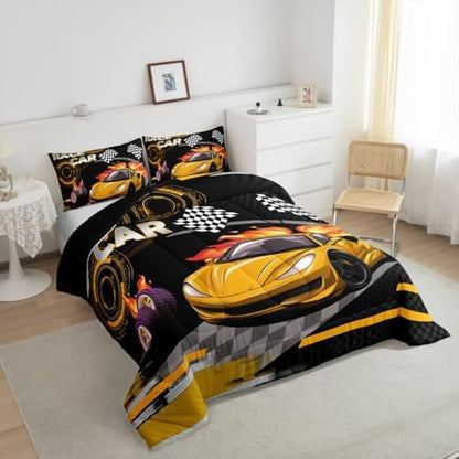 Feelyou Kids Yellow Race car Comforter Set Queen Size Speed Sports Car Bedding Set Boys Girls Automobile Racing Car Quilt Set Extreme Sports Theme Bed Set