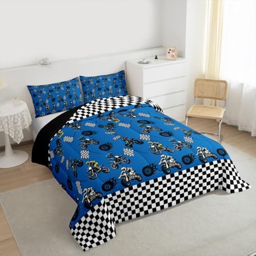 Feelyou Dirt Bike Bedding Set Soft for Boys Girls, Racing Motocross Rider Comforter Set Queen Size Extreme Sports Duvet Quilt Microfiber Motorcycle Bedroom Decor Motorbike 3 Pcs with 2 Pillow Cases