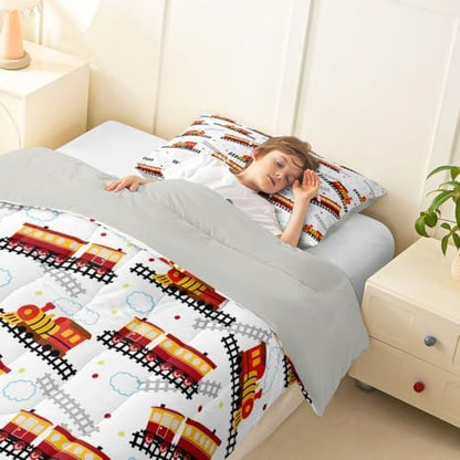 Feelyou Red Vintage Train Comforter Set Toddler Size Retro Steam Locomotive Down Bedding Set for Kids Boys Girls Transportation Vehicles Duvet Quilt Bedroom Decor Microfiber 2 Pcs with 1 Pillow Case