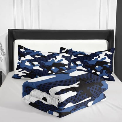 Nttopship Blue Camo Bedding Set Queen Size,Blue and White Camou Camouflage Comforter Set 3Pcs,All Season Lightweight Bedspread for Boy Kids Teens Adults with 2 Pillowcases