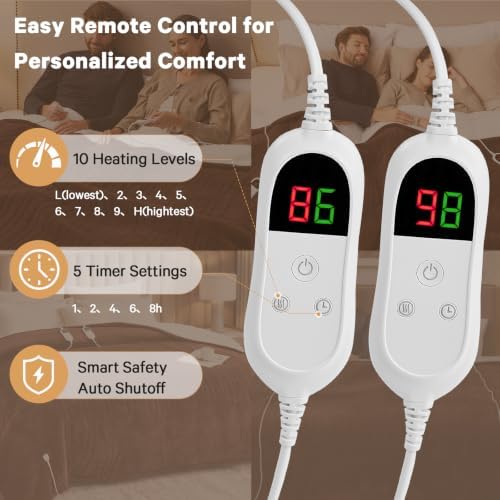 Heated Electric Blanket Queen Size, Dual Control, 84" x 90", Coffee