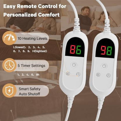 Heated Electric Blanket Queen Size, Dual Control, 84" x 90", Coffee