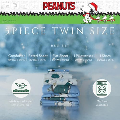 Collectibles Peanuts Snoopy Puffer Coat Holiday & Christmas Bedding Soft Comforter and Sheet Set with Sham, 5 Piece Twin Size, (Officially Licensed Product) By Franco