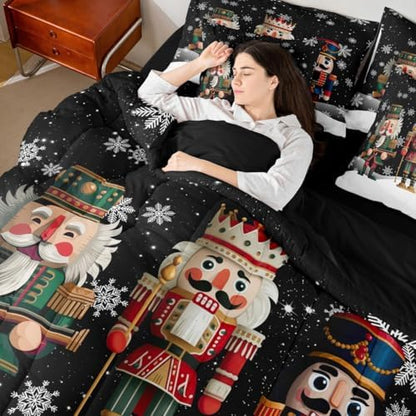 Erosebridal Xmas Nutcracker 7 Piece Bedding Set King Soldier Comforter Set with Sheets Christmas Black White Bed in a Bag Cute Snowflakes Bed Sets Comforter