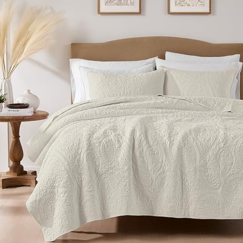 palassio Beige Paisley 100% Cotton Quilt King Size Bedding Sets with 2 Pillow Shams, Boho Floral Lightweight Farmhouse Country Vintage Soft Bedspread Shabby Chic Coverlet for All Season, 3 Pieces