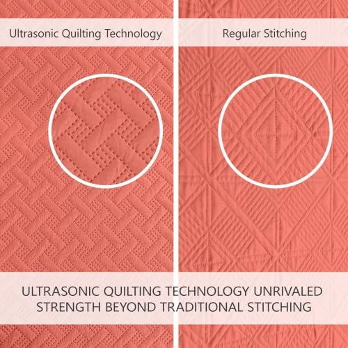 FLYMME Oversized King/California King Quilt Set 118"x106", Coral 3-Piece Floor-Length Bedspread, Premium Microfiber Lightweight Coverlet for King/California King Bed (1 Quilt, 2 Shams)