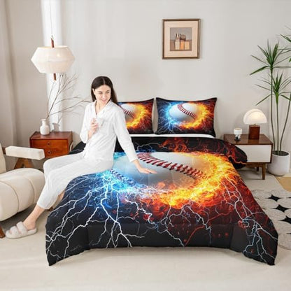 Erosebridal Baseball Comforter for Kids Teens, Sport Theme Bedding Full Size for Boys Softball Quilt Set Ice Fire Print Duvet Set, Ball Gaming Gamer Comforter Set Red Blue Black Bedroom Decor 3Pcs