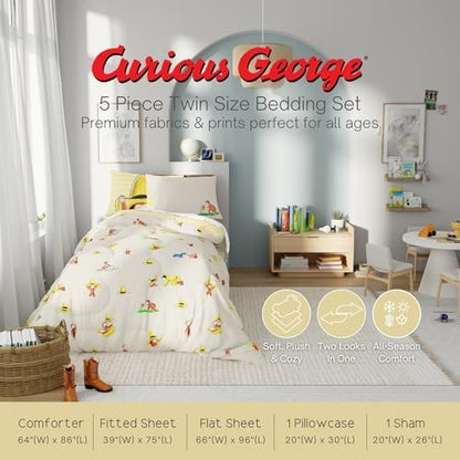 Curious George Bedding Set, Twin Size 5 Piece Set Kids Super Soft Cozy Reversible Comforter and Sheet Set with Sham, (100% Officially Licensed Product) by Franco