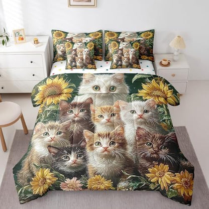 Feelyou Cute Cat Comforter Set 7 Pieces Twin Size Sunflower Bedding Set for Boys Girls Kawaii Pet Kitten Bed in a Bag with Comforter, Sheets, Pillowcases & Cushion Covers