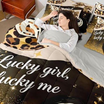 Erosebridal Y2K Lucky 8 Ball Twin Bedding Set 7 Piece for Boys Girls Preppy Fashion Leopard Bowknot Comforter Set for Kids Adults,Golden Glitter Print Bed in A Bag Funky Trendy Aesthetic Bed Set