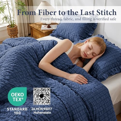 JOLLYVOGUE Oversized Queen Comforter Set, 3 Pieces Navy Blue Seersucker Comforters, Lightweight & Fluffy Bedding Sets for All Season with 1 Ruffle Comforter and 2 Ruffle Pillowshams