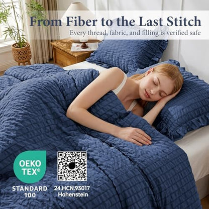 JOLLYVOGUE Navy Blue King Comforter Set, 3 Pieces Seersucker Comforters King Size, Lightweight & Fluffy Bedding Sets King for All Season with 1 Ruffle Comforter and 2 Ruffle Pillowshams