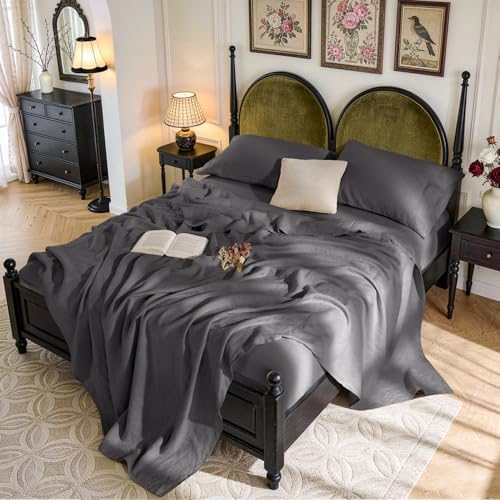SONORO KATE 100% French Linen Cal King Size Sheets Set,Natural Flax Bedding