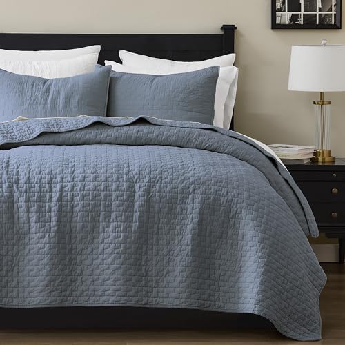palassio Blue Grey 100% Cotton Quilt Queen Size Bedding Sets with 2 Pillow Shams, Textured Lightweight Soft Bedspread Shabby Chic Coverlet, Quilted Comforter Bed Cover for All Season, 3 Pieces