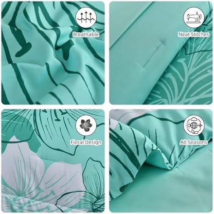 Luxudecor King Size Comforter Set, 7 Pieces Aqua Floral Bed in a Bag