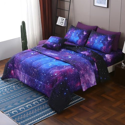 JQinHome Twin Galaxy Purple Comforter Sets Blanket,6 Piece Bed in A Bag 3D Outer Space Themed Bedding, All-Season Reversible Quilted Duvet, for Children Boy Girl Teen Kids(Blue Purple)