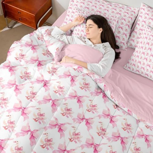 Erosebridal Cute Goose Duck King 7-Piece Comforter Set for Kids Girls Girly Ribbon Bow Bedding Set with Sheets Geometric Grid Cartoon Animal Bed in a Bag Teen Adults Pink Watercolor Bowknot Bedding
