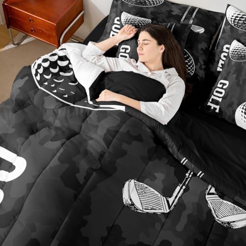 Erosebridal Boys Golf Bedding Queen 7 Pieces - Sports Decor Comforter Set with Sheets 3D Golf Printing Bed Sets for Teen Kids Winter Sports Games Bed in A Bag with Flat and Fitted Sheet