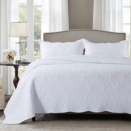HoneiLife Quilt Set King Size - 3 Piece Embroidered Microfiber Bedspread Reversible Coverlet Lightweight Bedcover Paisley Pattern Bedding Set All Season Quilts-White