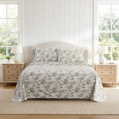 Martha Stewart - Twin Sheet Set with Fitted Sheet & Pillowcase, Cotton Percale Bedding with a Smooth Feel, Deep Pocket, Amelie Toile Brown