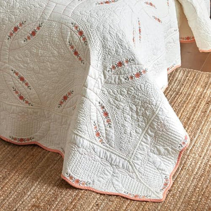 MarCielo 3Pcs Cotton French Country Quilt Bedspread Set Floral Embroidery TC151