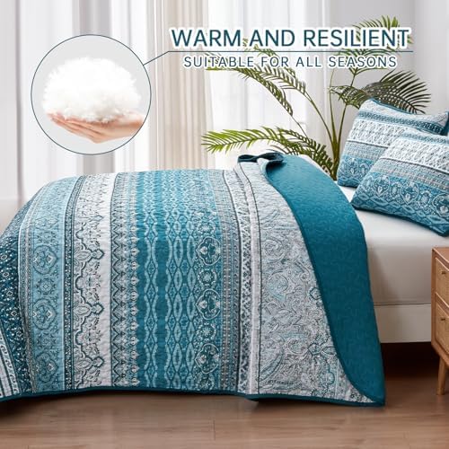 WONGS BEDDING Boho King Quilt Bedding Set, 3 Pieces Bedspread, Blue Green