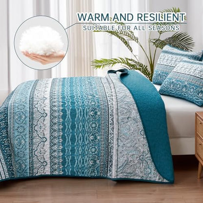 WONGS BEDDING Boho King Quilt Bedding Set, 3 Pieces Bedspread, Blue Green