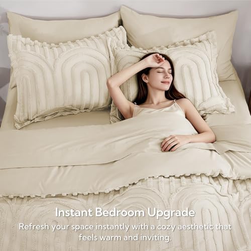 MR&HM Boho Comforter Set King 7pcs, Beige Western Arch Tufted Bedding Set