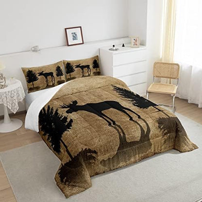 Moose Print Comforter Set for Teens Kids Men Bedroom Decor, Wild Animal Deer Pattern Duvet Insert Unique Exotic Style Bedding Set Vintage Decor Quilt Ultra Soft Bedding Comforters King Size