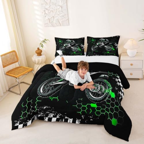 Castle Fairy Motocross Comforter Set Toddler Size,Green Honeycomb Ombre Artwork Bedding Set,Kids Teens Adult Room Decor,Extreme Sport Game Down Comforter,2 Pcs 1 Pillowcase