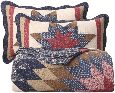 vctops Vintage Star Patchwork Cotton Bedspread Quilt Set (Navy,Queen)