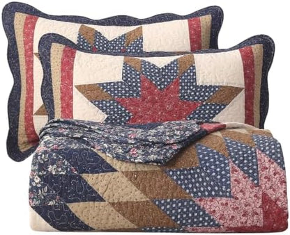 vctops Vintage Star Patchwork Cotton Bedspread Quilt Set (Navy,Queen)
