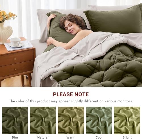 MUXHOMO 7 Pieces King Comforter Set, Reversible Bed in a Bag King Size, All Season Bedding Set with Comforter, Flat Sheet, Fitted Sheet, Pillowcases & Shams, Olive Green & Beige