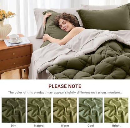 MUXHOMO 7 Pieces King Comforter Set, Reversible Bed in a Bag King Size, All Season Bedding Set with Comforter, Flat Sheet, Fitted Sheet, Pillowcases & Shams, Olive Green & Beige