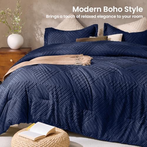 JOLLYVOGUE Twin/Twin XL Comforter Set, Boho Tufted 2PCS Bed Set, Navy