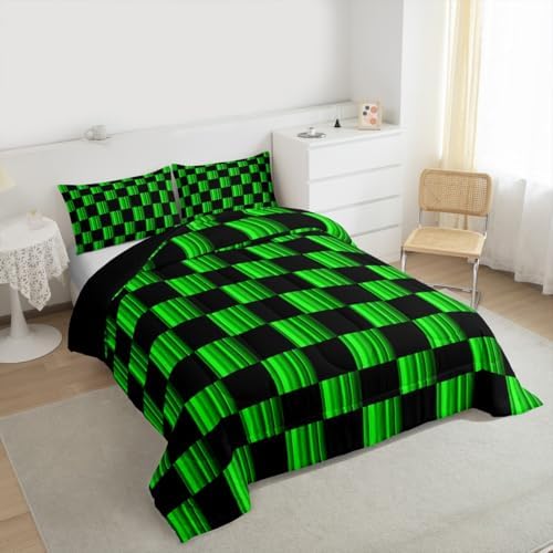 Feelyou Checkered Comforter Set All Season Abstract Ombre Bedding Set with 1 Pillow Cases Modern Geometric Green Black Kids Toddler Bedclothes Cute Neutral Aesthetic Plaid Bedroom Decor Duvet Quilt