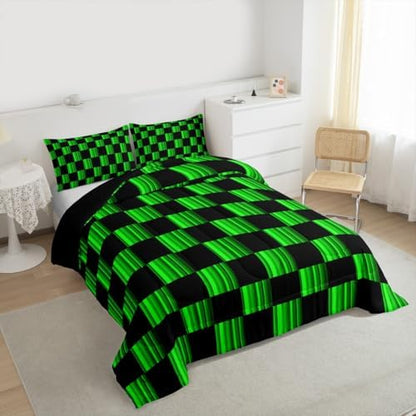 Feelyou Checkered Comforter Set All Season Abstract Ombre Bedding Set with 1 Pillow Cases Modern Geometric Green Black Kids Toddler Bedclothes Cute Neutral Aesthetic Plaid Bedroom Decor Duvet Quilt