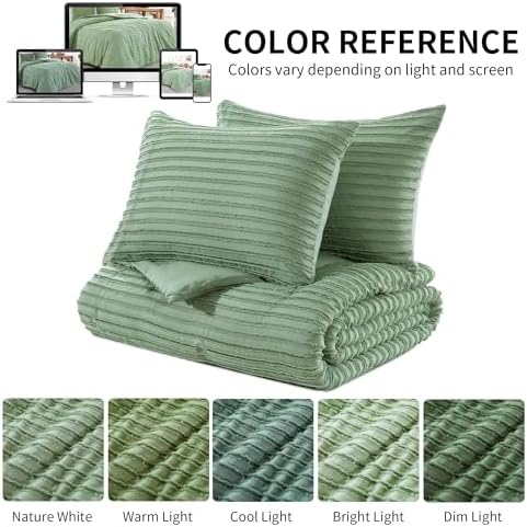 HOMBYS Oversized King Boho Comforter Set 128x120, Sage Green Tufted Jacquard Geometry Bedding Comforter for King Bed, Shabby Chic Bed Sets with 2 Matching Pillow Cases